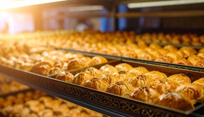 Freshly Baked Golden Pastries Displayed on Shelves in a Bakery.