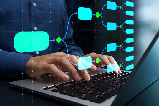 Decision tree analysis. Decision support for risk management. Businessperson using laptop computer to analyze strategy.