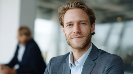 Fototapeta premium Close-up portrait of a young man with blonde hair and a beard. he is wearing a grey suit and a light blue shirt. he has a slight smile on his face and is looking directly at the camera.
