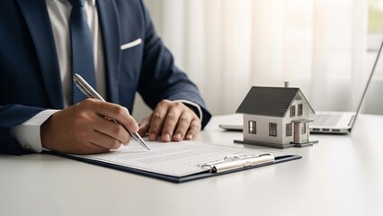 Businessman signing real estate contract with model house on desk