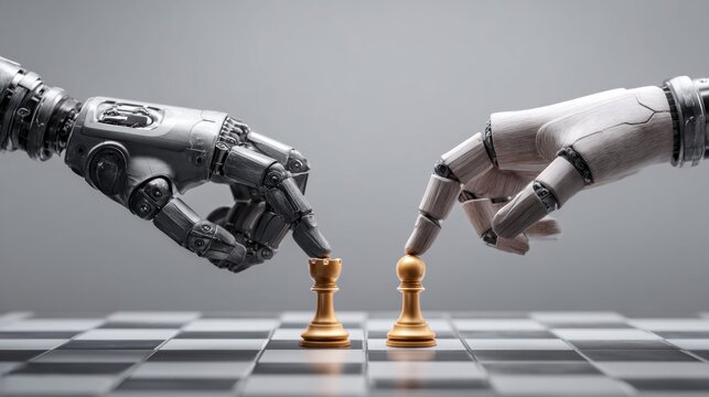 Robotic hands playing chess, symbolizing artificial intelligence and strategic thinking