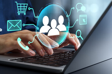 Customer relationship management CRM system. Customer data analysis to enhance customer experience. Businessman using laptop computer.