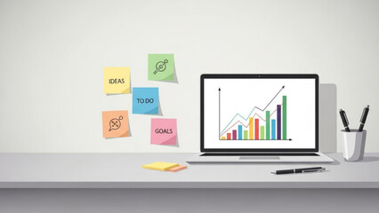 Business planning with laptop sticky notes and graph on screen in office workspace
