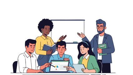 Diverse business team collaborating on a project around a table with a laptop pointing to data and brainstorming ideas in a modern office setting vector illustration