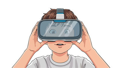 Excited young boy wearing virtual reality headset exploring immersive digital world and future technology front view illustration