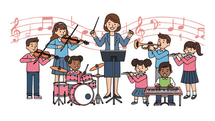 Happy Children Orchestra Class Learning Music Instruments with Teacher Conducting