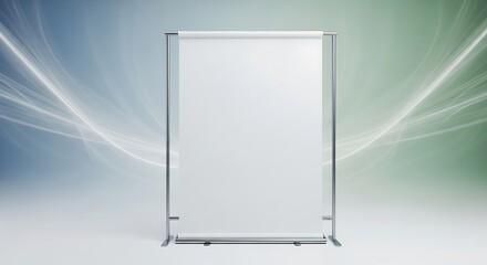 Blank white rollup banner stand for advertising and marketing, ready for custom content, against a dynamic blue and green abstract background