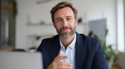 Portrait of a middle-aged man with a beard and mustache, sitting in front of a laptop. he is wearing a dark blue blazer and a light blue shirt.