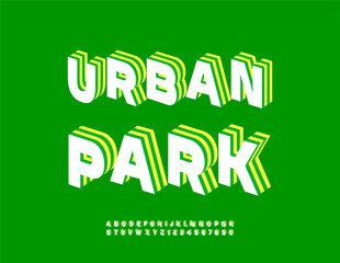 Vector Ecologic board Urban Park with 3D Artistic Font. Digital Isometric Alphabet Letters and Numbers set