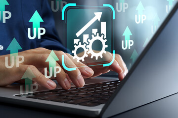 Upskilling and performance improvement. IT skill development and career growth. Businessman using laptop computer.