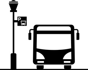 Bus Parking Icon with Street Lamp and Sign, Public Transport Parking Symbol Silhouette, Public Bus Sign Icon, Transportation Parking Symbol in Minimal Style, Bus Area Icon, Urban Transport Parking