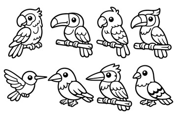Black and white cartoon birds collection for kids' coloring activities