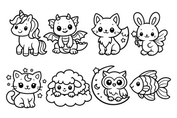 Fototapeta premium Cute cartoon animal set: unicorn, dragon, fox, rabbit, cat, sheep, owl, fish