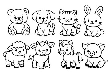 Obraz premium Cute line art of adorable baby animals: bear, dog, cat, rabbit, sheep, cow, horse, pig