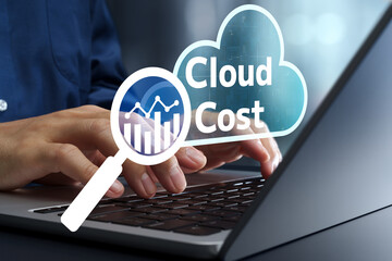 Cloud cost management and optimization. Cost monitoring and usage tracking. Businessman analyzing cloud costs on laptop computer.