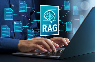 RAG retrieval-Augmented Generation. Semantic search for internal RAG. Semantic search for internal enterprise documents. Businessman using laptop for summarizing knowledge.