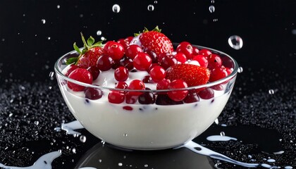 Delicious Yogurt Bowl with Fresh Berries and Water Droplets on Black Background.