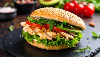 Delicious Chicken Sandwich with Fresh Vegetables on a Sesame Seed Bun.