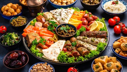Delicious and Colorful Middle Eastern Food Platter with Various Dishes.