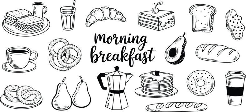 Morning breakfast hand drawn doodle vector set, coffee, croissant, pancakes, bread, avocado, sandwich, and pastries for menu design