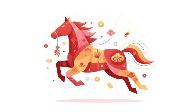 Stylized red horse running with decorative elements on white background