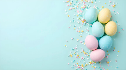 Pastel-colored Easter eggs with delicate polka dots are nestled against a scatter of white sprinkles on a serene light blue background, offering ample copy space for seasonal spring designs