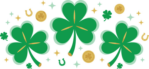 Three green shamrocks with gold coins and horseshoes for Saint Patrick's Day celebration decoration with magic sparkles and Irish holiday good luck charm symbols. © VectaNoor