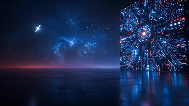 Abstract Futuristic Sci-Fi Cube Structure in Cosmic Nebula.
