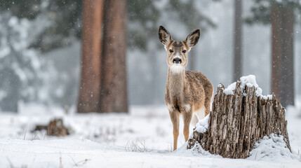 Young deer standing beside a tree stump in a snowy forest during snowfall