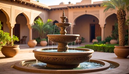 Elegant Fountain in a Courtyard with Architectural Details and Lush Greenery.
