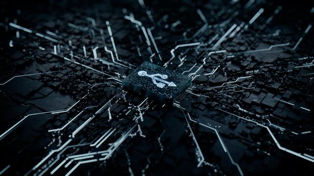 Interface Technology Concept with usb symbol on a Microchip. White Neon Data flows from the CPU across a Futuristic Motherboard. Seamless Loop.