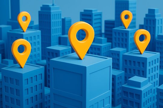 Yellow map location pins on blue city buildings symbolizing navigation, business expansion and location services in urban environment. Ai generative