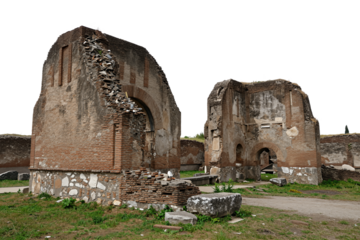 Ancient Roman brick ruins with weathered stone arches