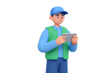 3D worker in uniform using a tablet