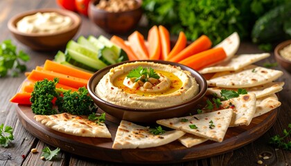 Delicious Hummus Platter with Fresh Vegetables and Pita Bread for Healthy Eating.