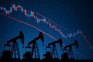Oil pump jacks silhouette with declining candlestick chart and red trend lines on blue background illustrating falling oil prices and market downturn concept. Ai generative