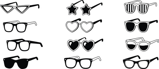 Hand drawn sunglasses doodle vector set, summer eyewear, fashion spectacles, star, and heart shapes for beach party design