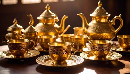 Elegant Golden Tea Set Displayed on a Dark Wooden Table.
