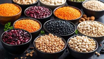 Assortment of Colorful Legumes in Bowls, Healthy Food Ingredients.