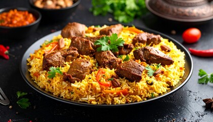 Delicious Indian Lamb Biryani with Saffron Rice and Garnishes.
