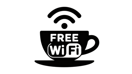 Free WiFi cup icon in simple flat design with black and white color scheme on transparent background for digital signage