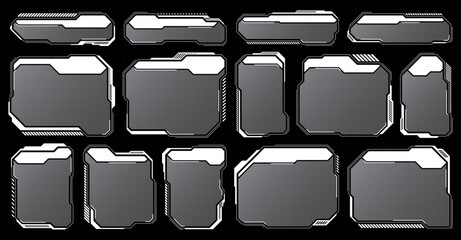 White futuristic HUD, UI elements. Sci-fi user interface text boxes, callouts. Warning message frames, information boxes template. Modern game interface layout in digital style. Vector illustration