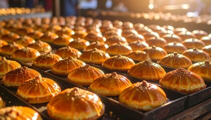 Golden Baked Buns Displayed in Rows, Ready for Sale at Bakery.