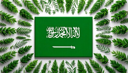 Saudi Arabian Flag Surrounded by Green Leaves on White Background.