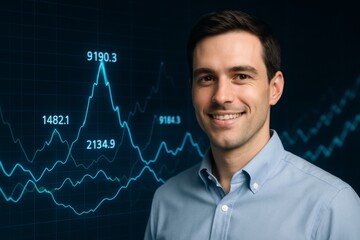Confident businessman smiling in front of digital stock market chart on dark background, representing finance success and growth concept. Ai generative