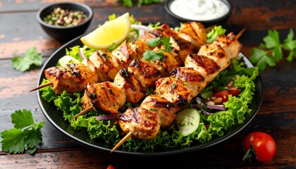 Delicious Grilled Chicken Skewers with Fresh Salad and Lemon Wedge.
