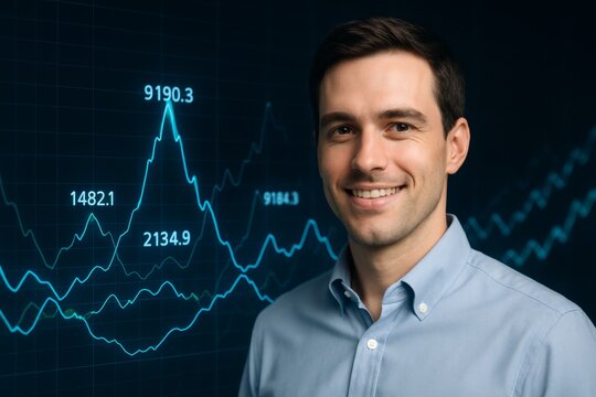 Confident businessman smiling in front of digital stock market chart on dark background, representing finance success and growth concept. Ai generative - Powered by Adobe