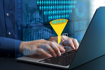 Conversion rate monitoring and data analytics. Analyzing performance of marketing campaigns. Marketer using laptop computer for customer behavioral data analysis.