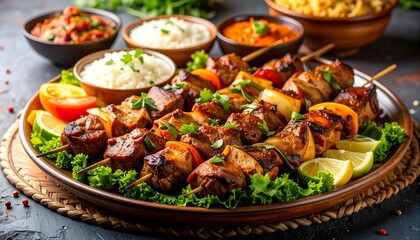 Delicious Grilled Skewers with Fresh Vegetables and Various Sauces.