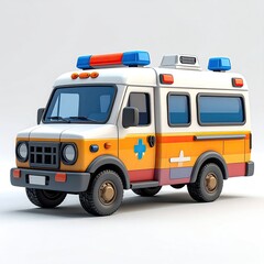 Cartoon ambulance, orange, white, blue, medical emergency vehicle